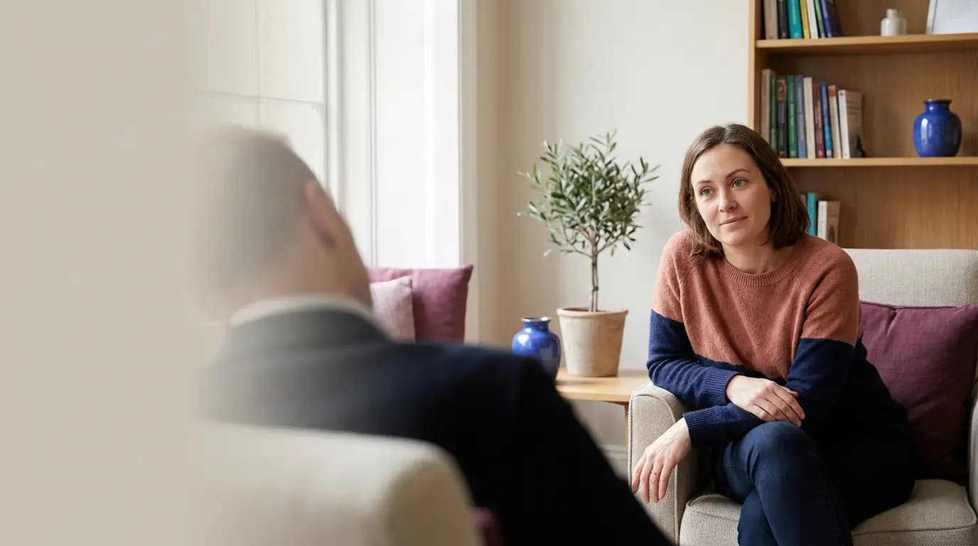 A calm conversation between a professional and a person during a consultation